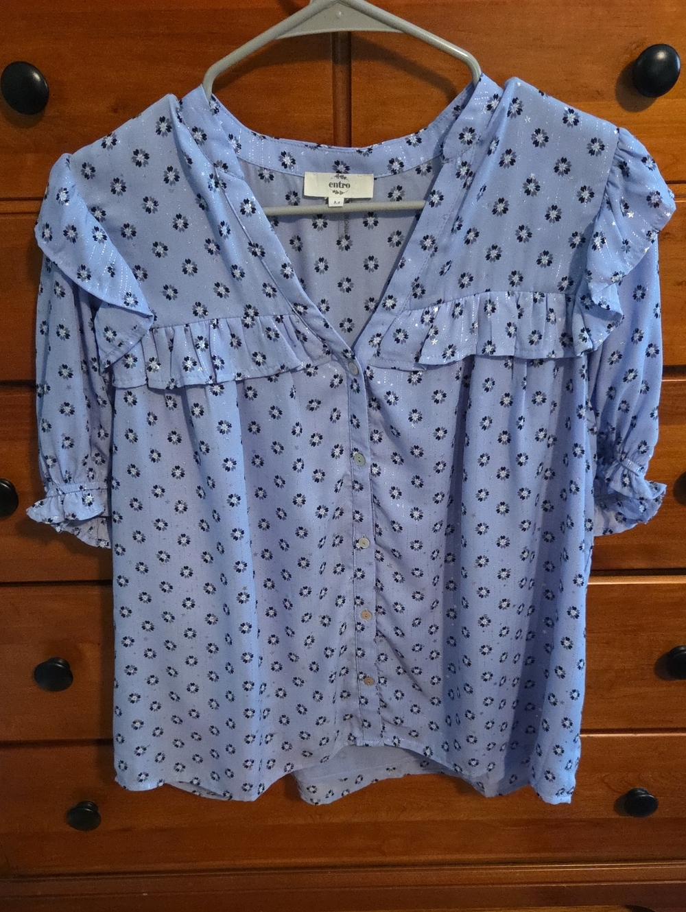 entro Light Blue Floral Ruffle Button-Up Blouse